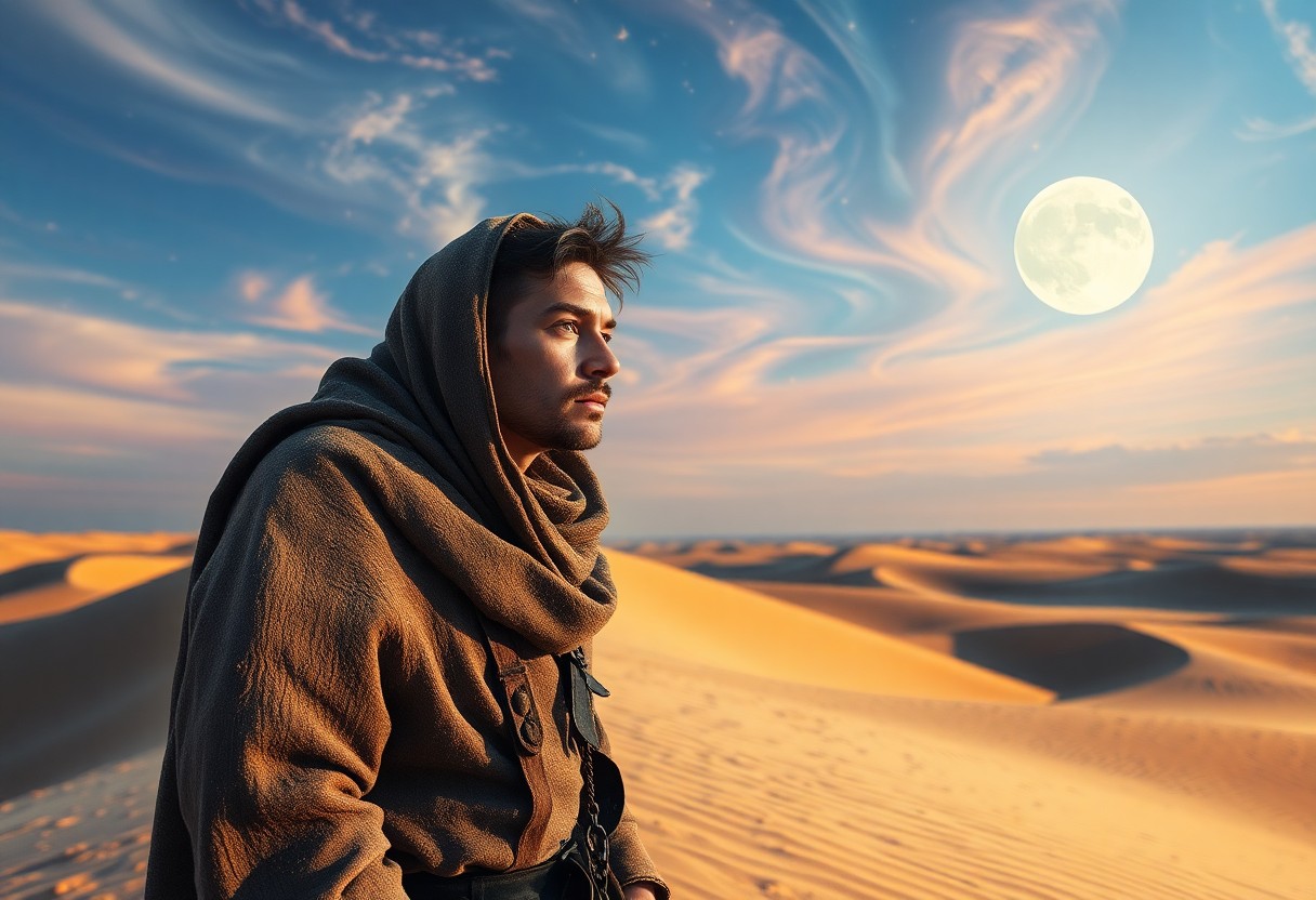 AI generated art for prompt: Craft a photorealistic portrait of a solitary traveler at the desert's edge, bathed in ethereal moon