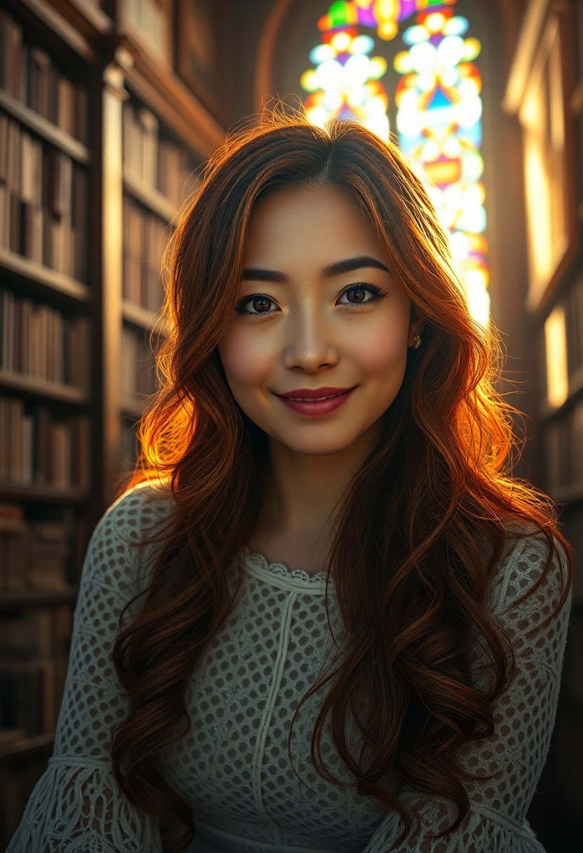 AI generated art for prompt: Envision a photorealistic portrait of an enigmatic middle-aged East Asian woman with captivating vio