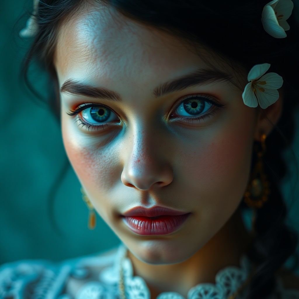 AI generated art for prompt: Envision a super-realistic portrait of a youthful Polynesian woman with porcelain skin adorned by de