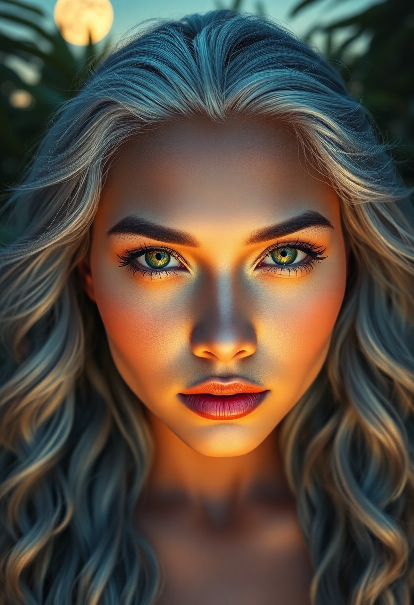 AI generated art for prompt: Visualize a hyperrealistic portrait showcasing an enigmatic Polynesian woman's serene green eyes, ac