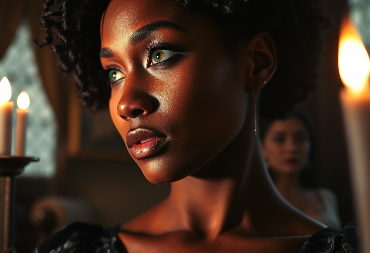 AI generated art for prompt: Step into a super-realistic portrait of an enigmatic Caribbean woman with captivating emerald eyes a