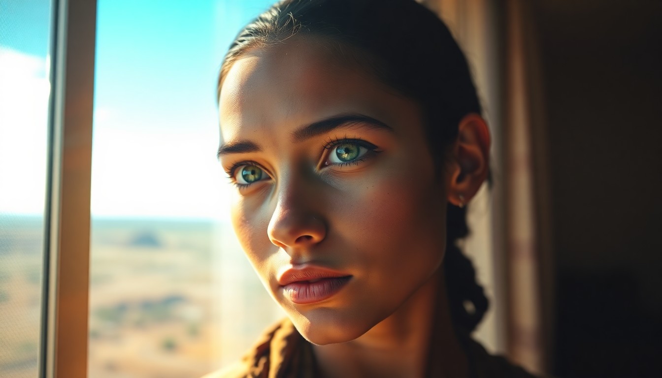 AI generated art for prompt: Craft an image of a young Aboriginal woman with striking green eyes, porcelain skin, and subtle faci