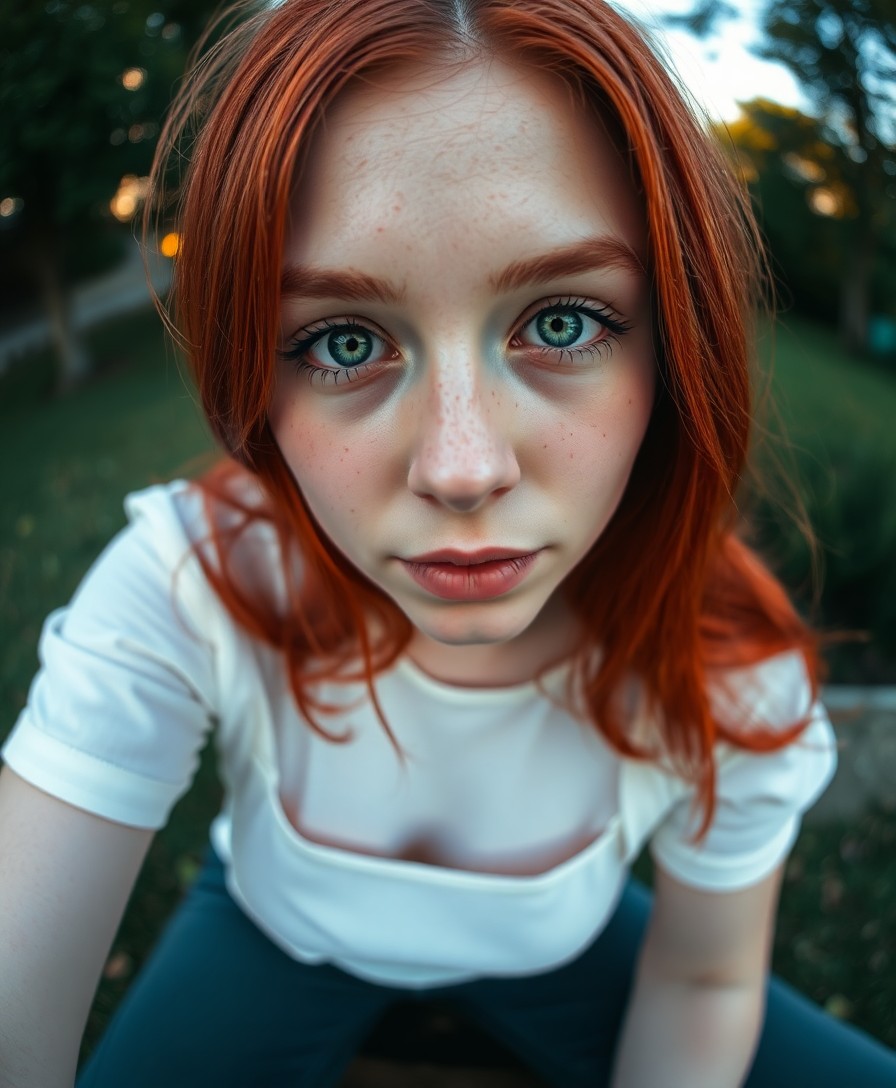 AI generated art for prompt: A young Slavic woman, her mesmerizing green eyes and vibrant red hair captured from an intriguing 'b