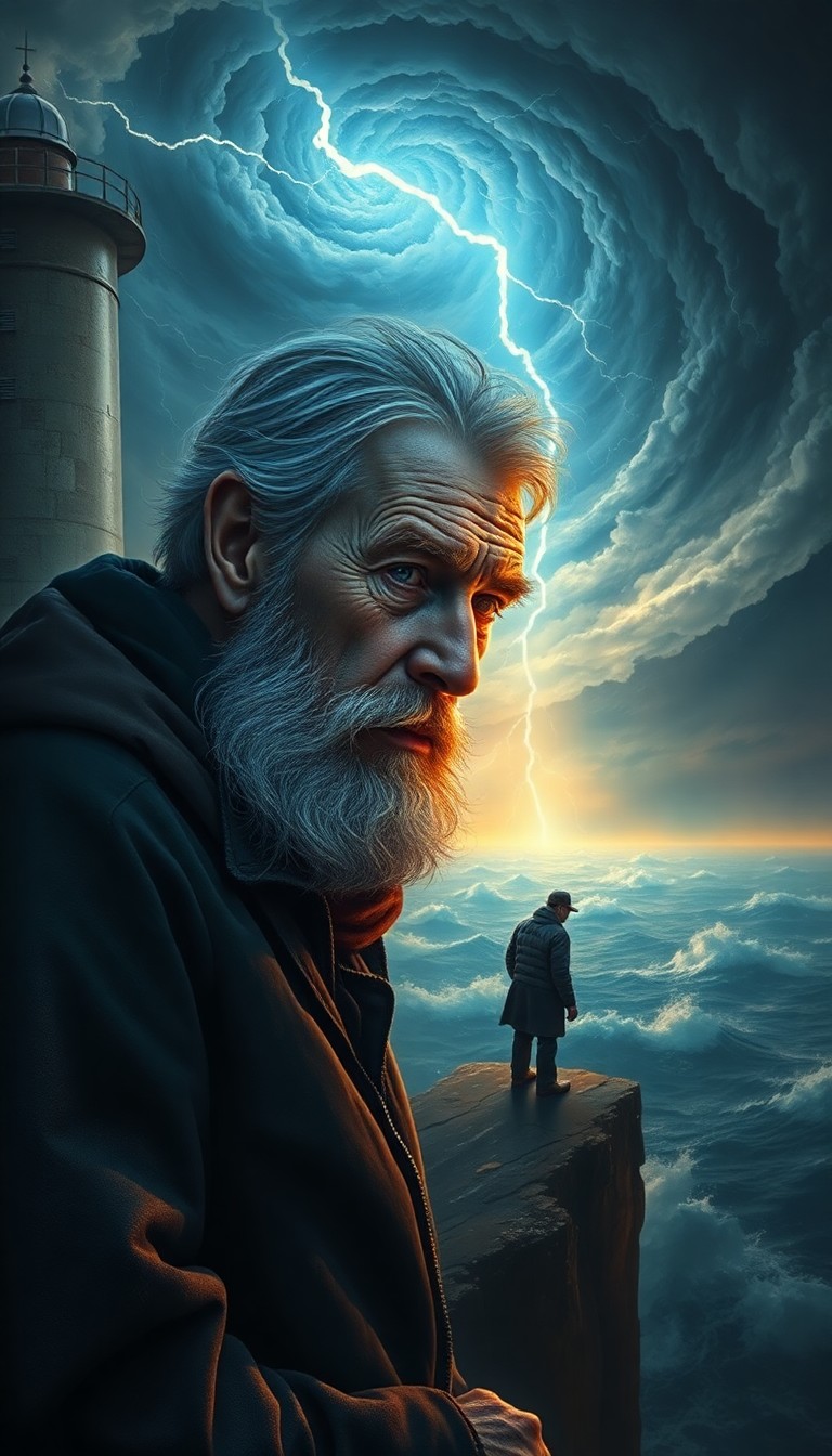 AI generated art for prompt: Create a photorealistic portrait of an aged lighthouse keeper, his face bearing the wisdom accumulat