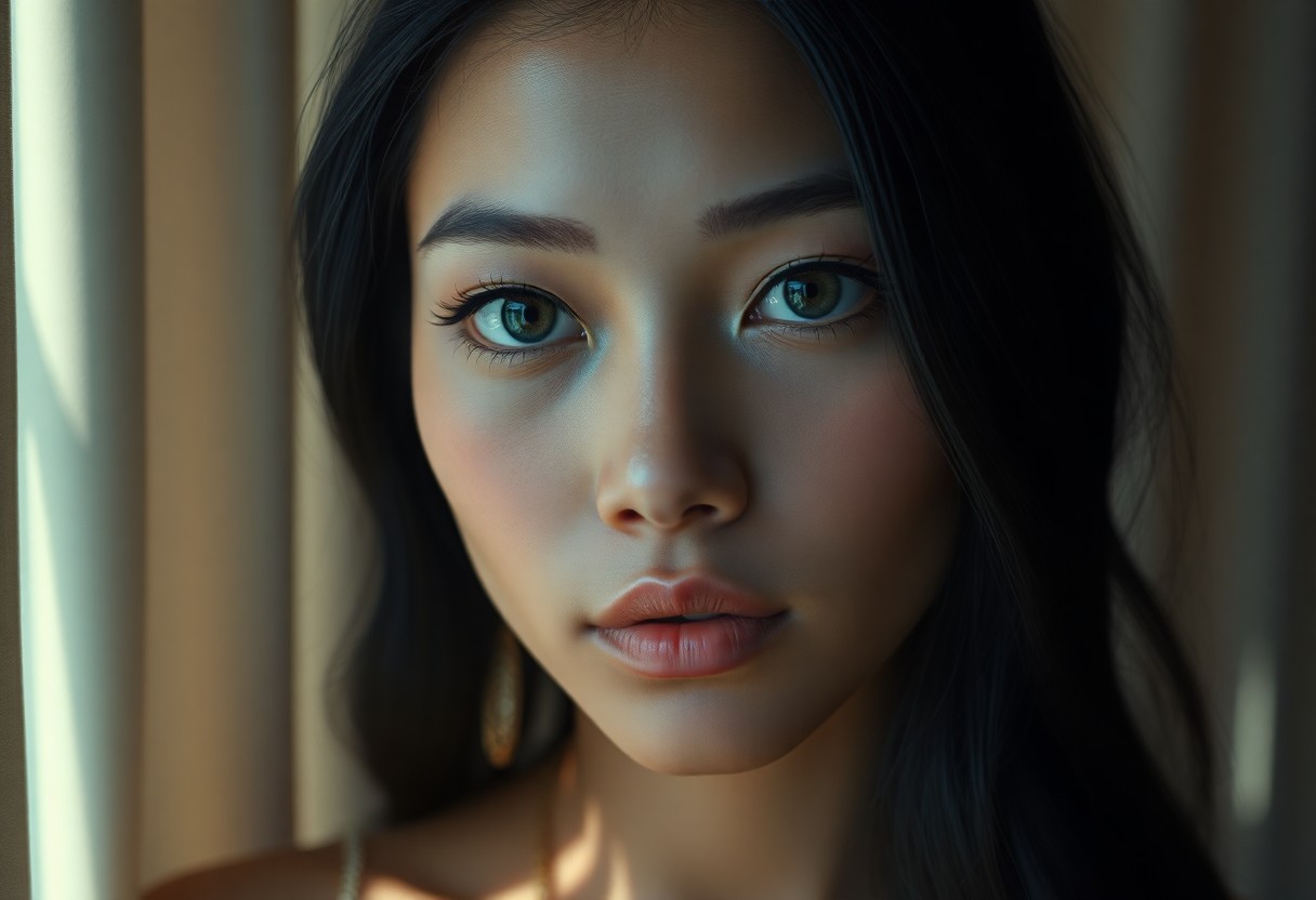 AI generated art for prompt: Create a photorealistic portrait of a young Polynesian woman with raven-black hair and tranquil blue