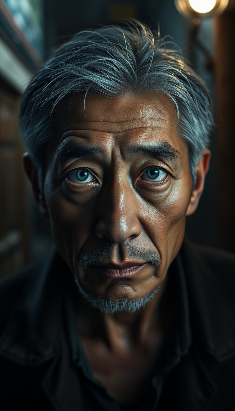 AI generated art for prompt: Craft a hyper-realistic portrait of an enigmatic middle-aged East Asian man with piercing blue eyes 