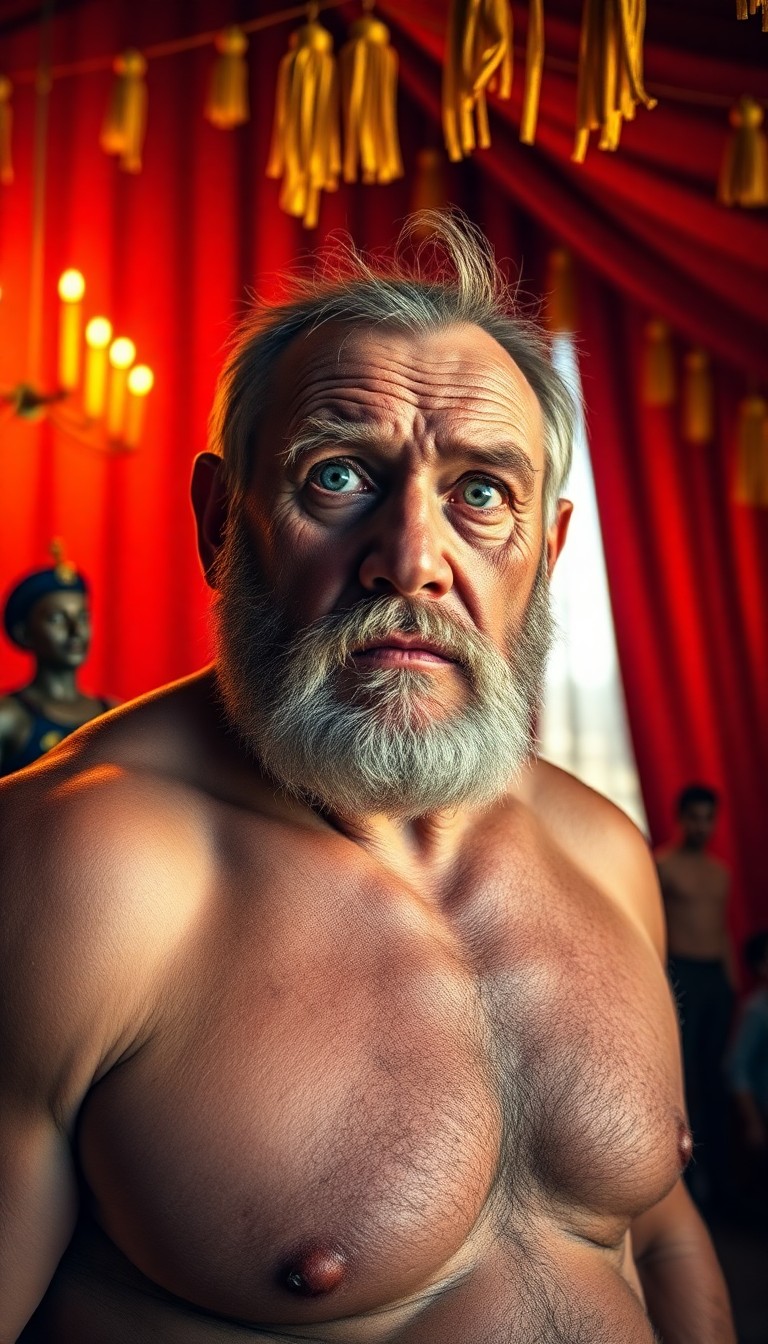 AI generated art for prompt: A photorealistic portrait photograph captures an aged circus strongman's rugged features and misty b