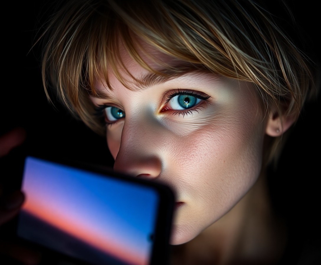 AI generated art for prompt: A smartphone camera captures a Nordic woman's close-up side profile, her short, tousled hair framing