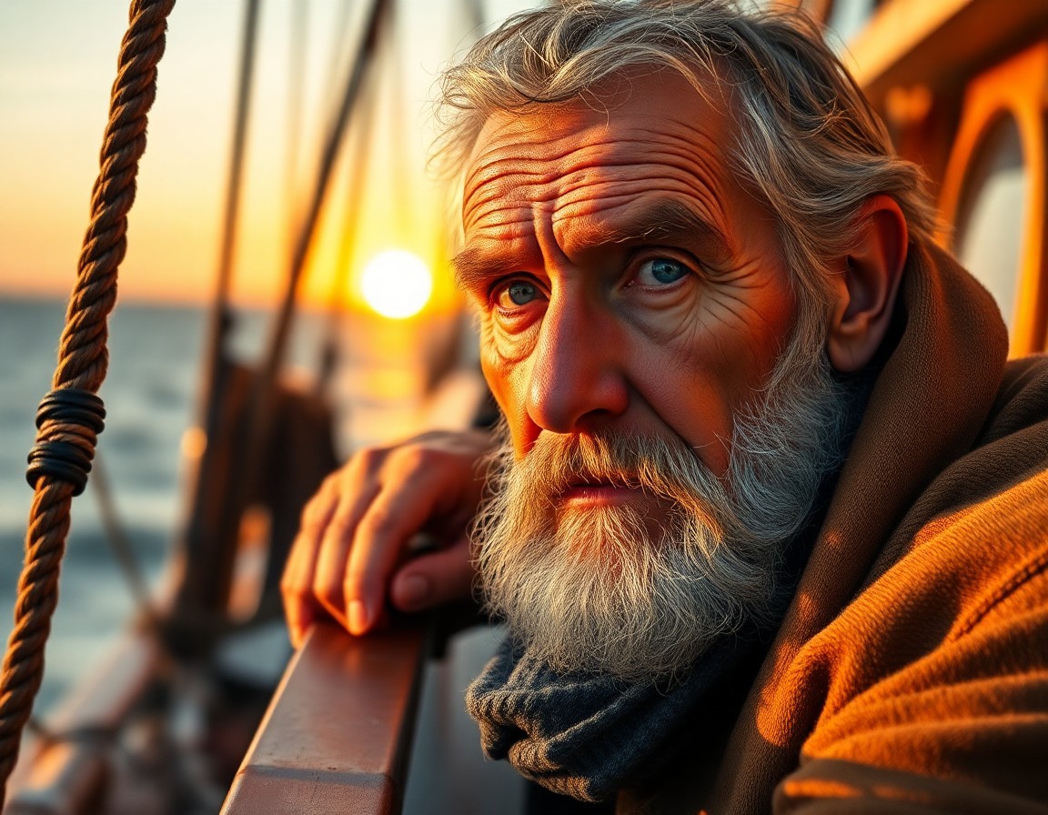 AI generated art for prompt: Imagine a captivating portrait of an elderly sailor with a weathered face, his salt-and-pepper beard