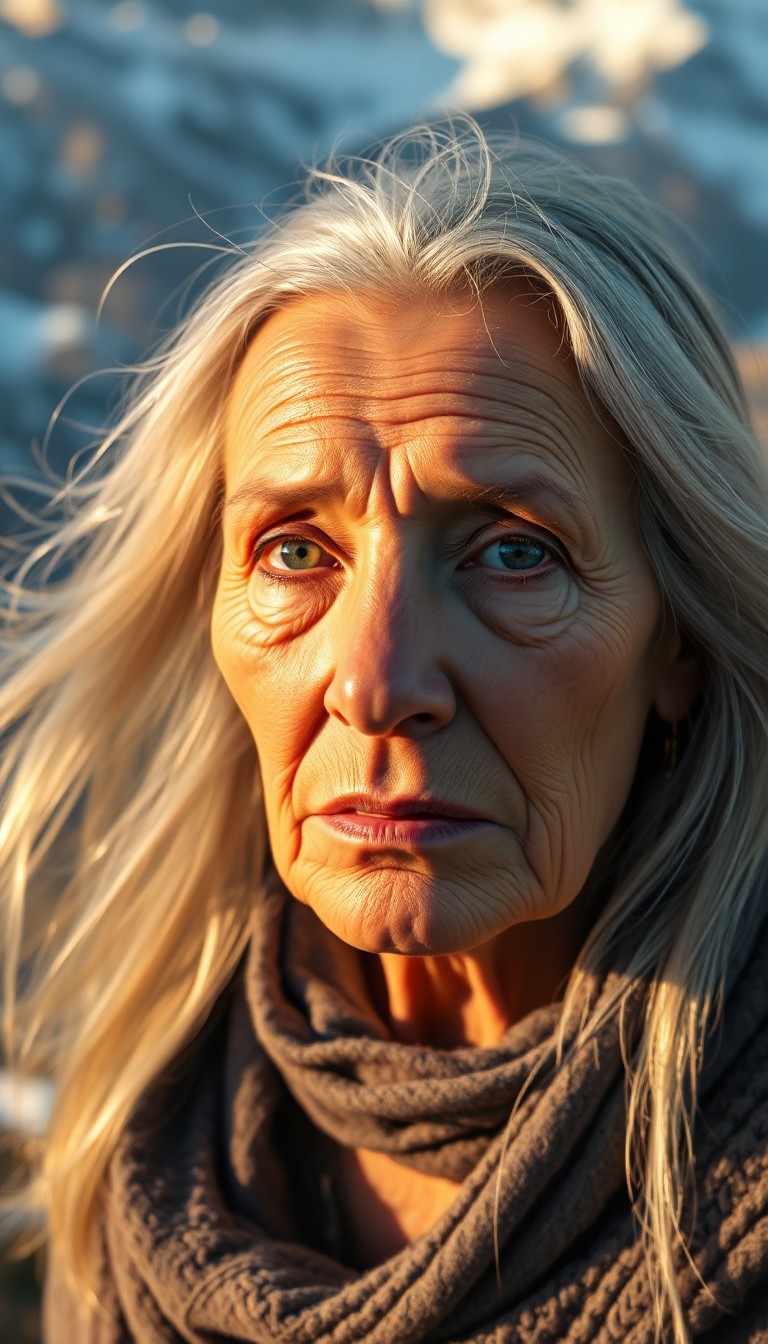 AI generated art for prompt: A photorealistic portrait featuring an elderly Central Asian woman with a shabby-chic yet wise demea