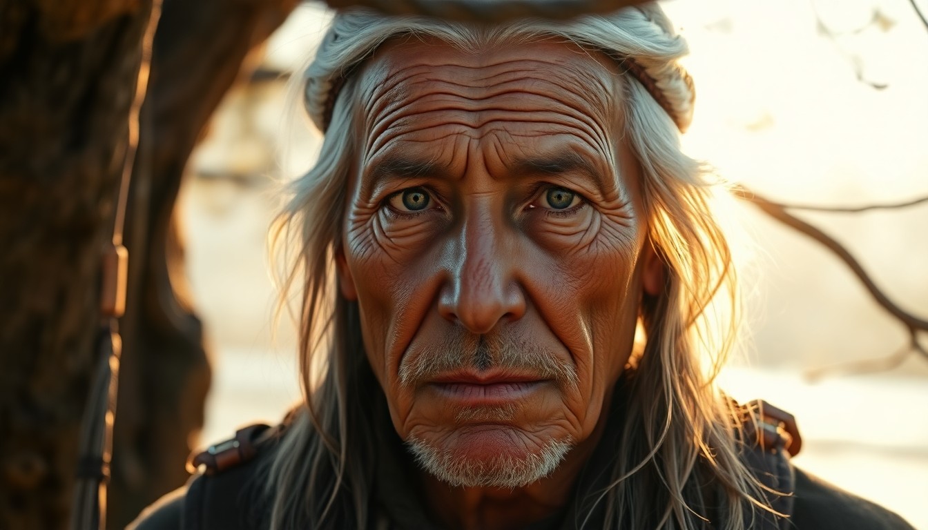 AI generated art for prompt: Craft a hyperrealistic portrait of an experienced Native American elder, his deep-set eyes wrinkled 