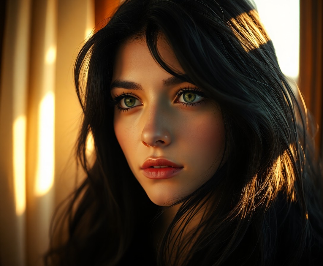 AI generated art for prompt: Craft a captivating photorealistic portrait of an enigmatic figure with mesmerizing hazy green eyes 