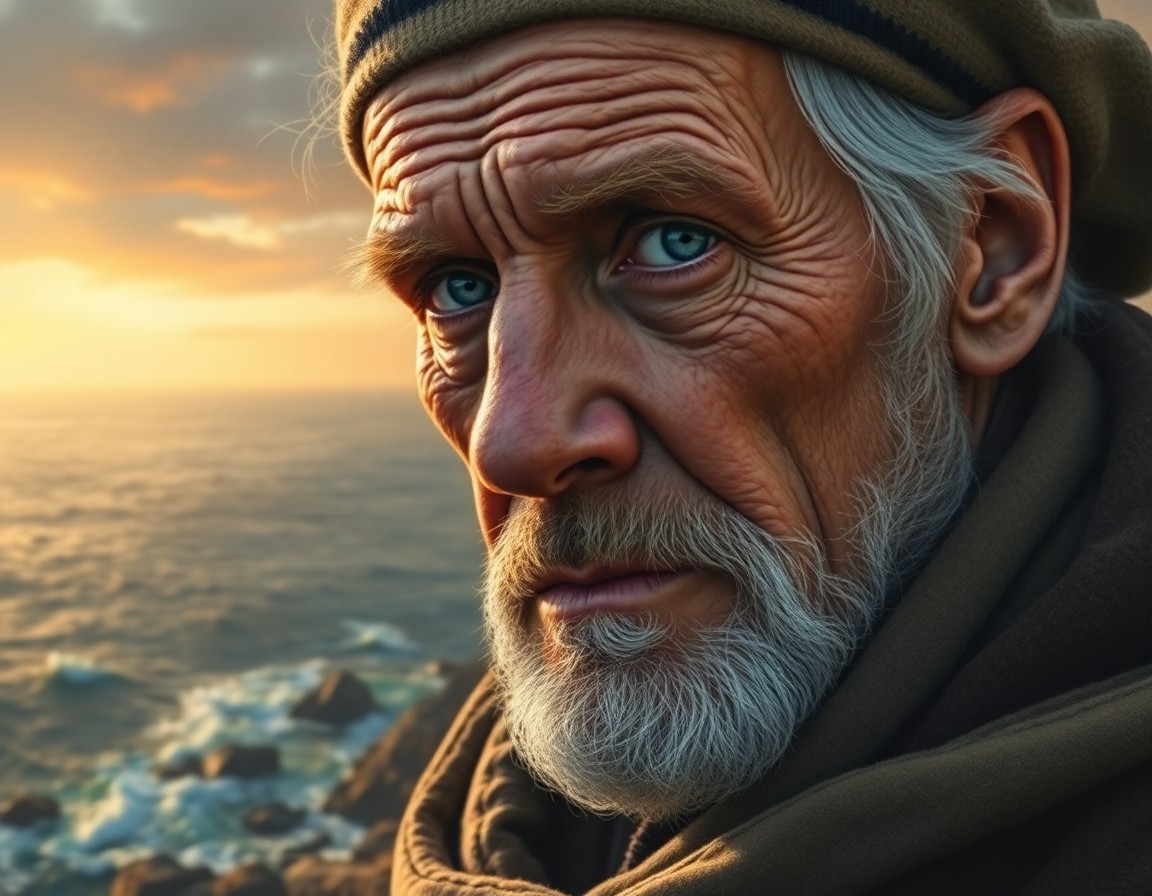 AI generated art for prompt: Craft a highly realistic portrait of an elderly sailor with weathered skin and unfocused blue eyes, 