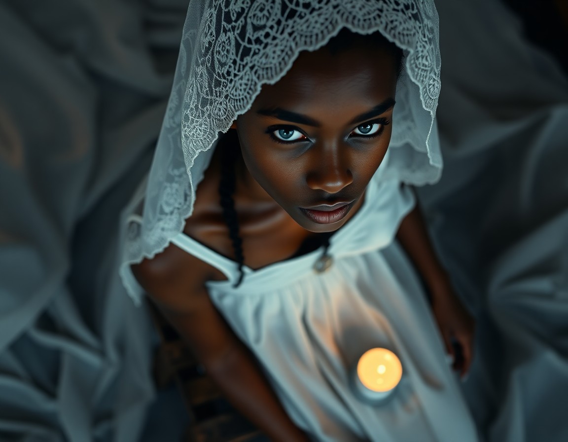 AI generated art for prompt: A serene yet haunting photorealistic portrait depicts a young Caribbean woman with shy blue eyes, he