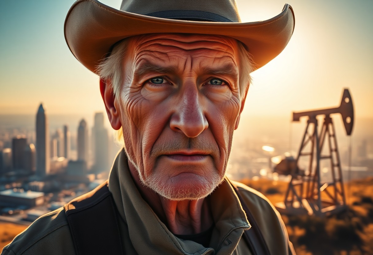 AI generated art for prompt: Envision a photorealistic portrait of an elderly cowboy with gentle blue eyes, standing atop a sun-d