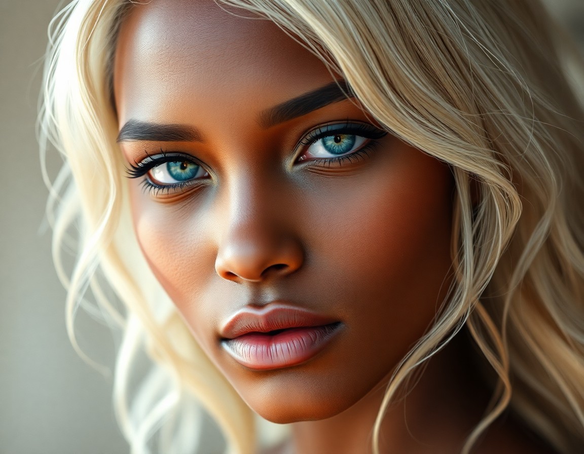 AI generated art for prompt: Craft a hyperrealistic digital portrait of an ethereal Sub-Saharan African woman with warm blue eyes