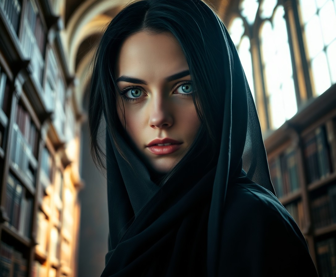 AI generated art for prompt: A portrait photograph captures an enigmatic woman with gentle green eyes and raven-black hair partia