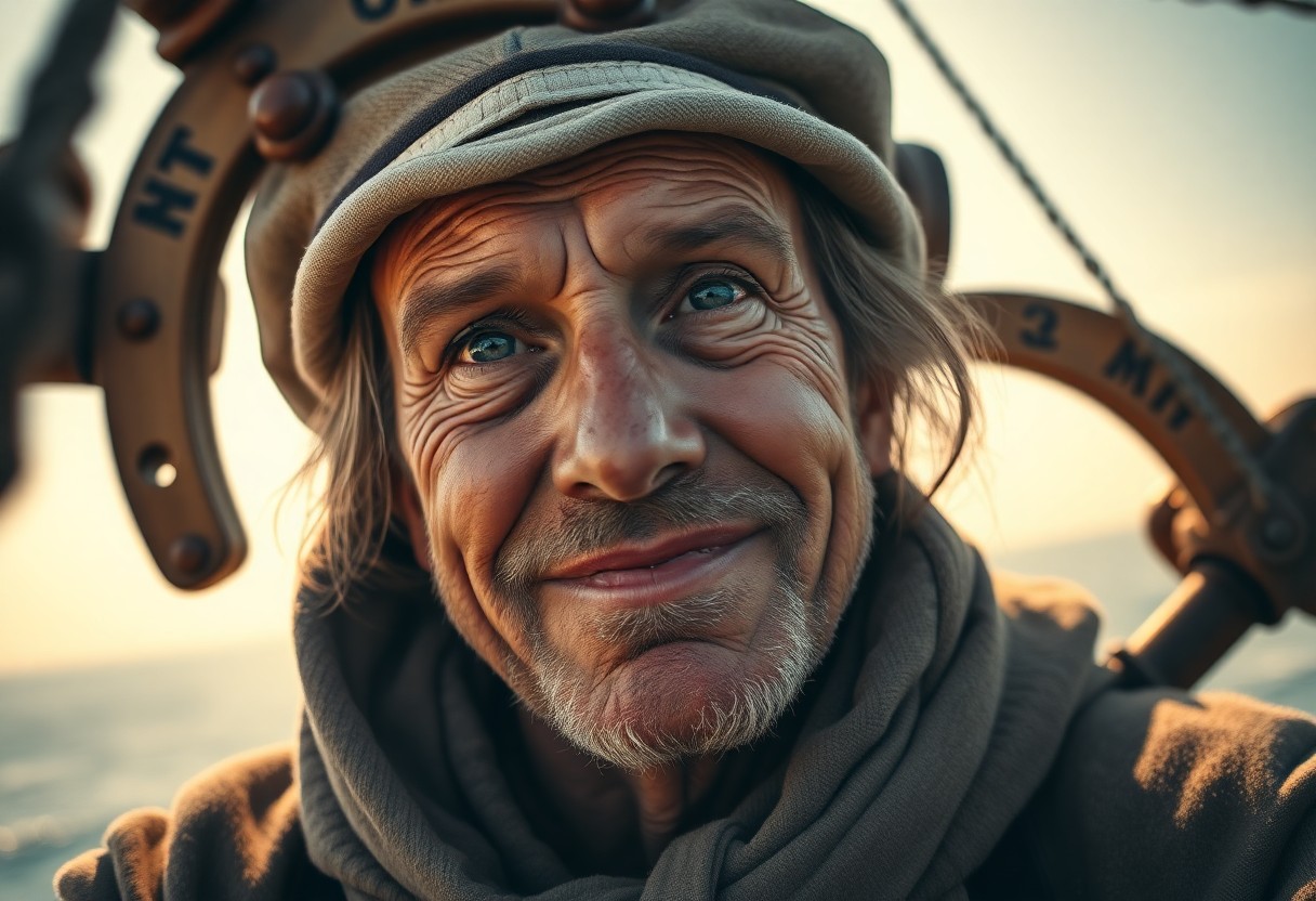 AI generated art for prompt: Capture a photorealistic portrait of an aged sailor with weathered skin and deep laugh lines, his pi