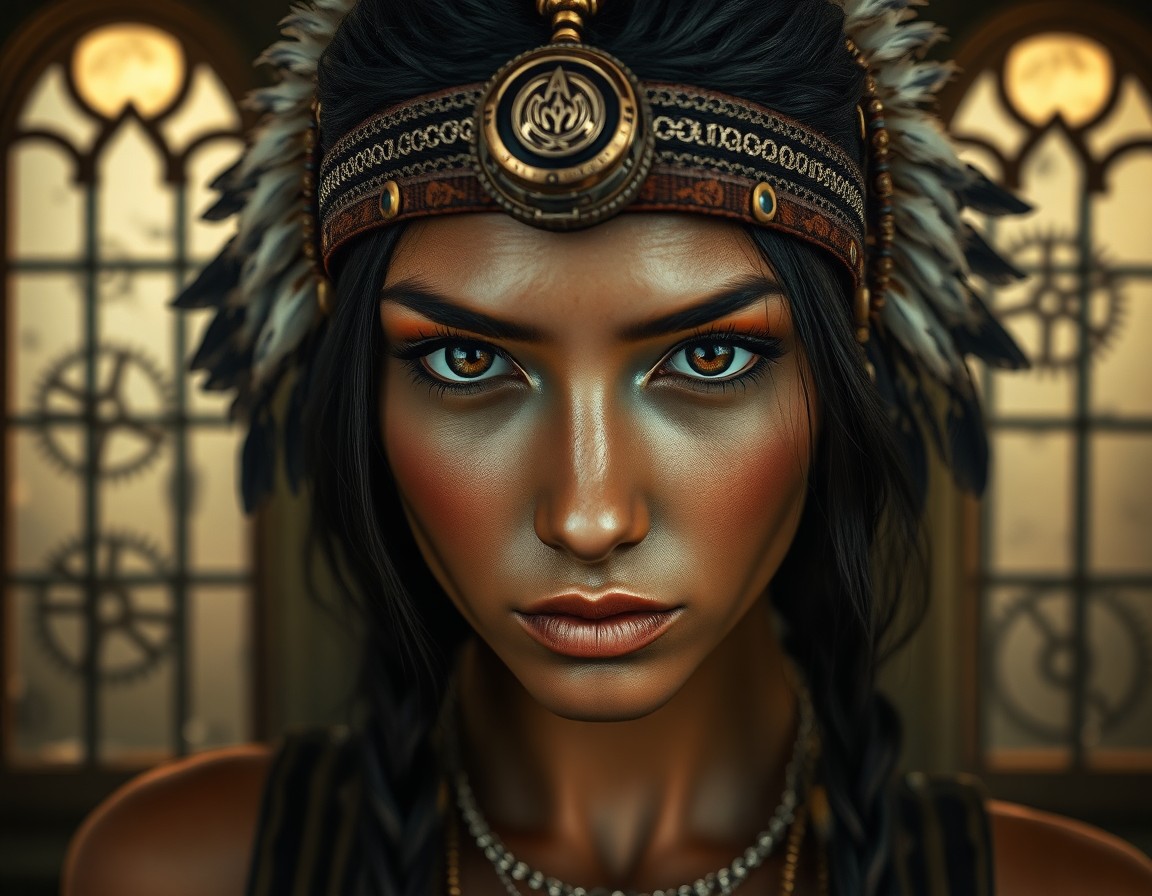 AI generated art for prompt: Craft an ultra-realistic portrait showcasing a captivating Native American woman in her late twentie