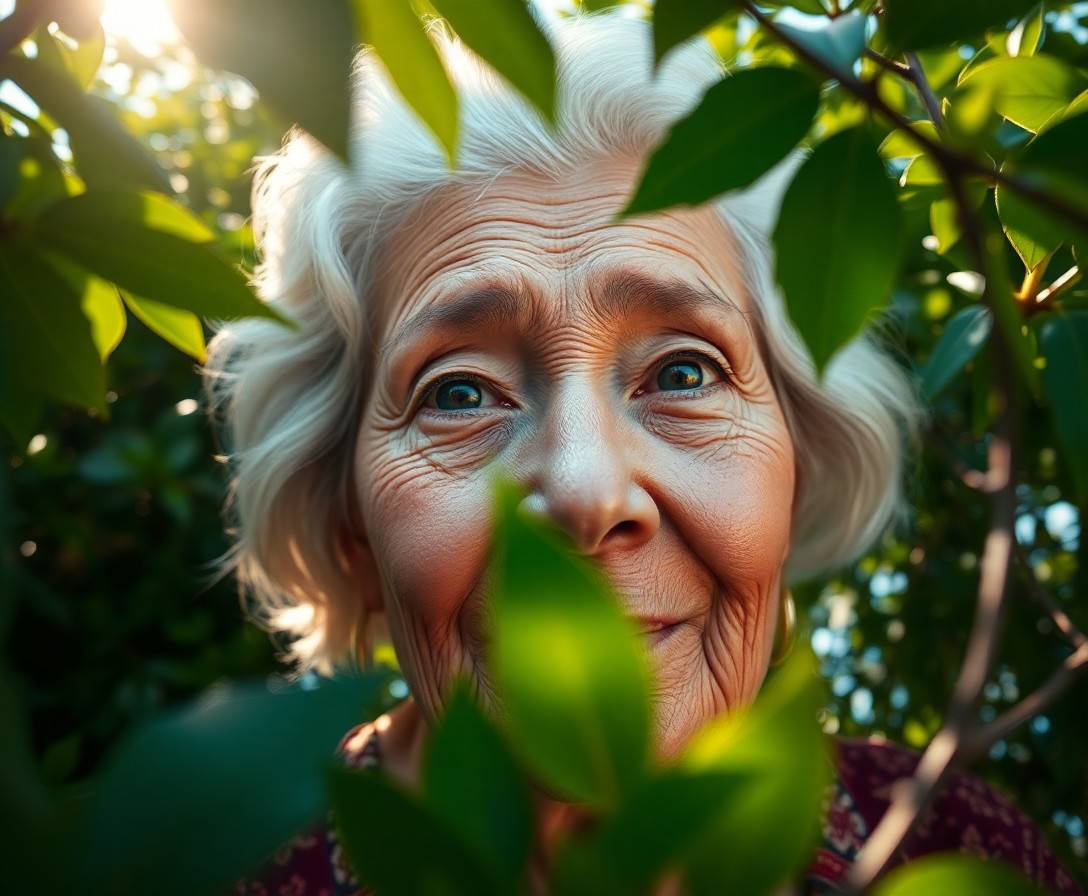 AI generated art for prompt: A DSLR portrait captures an elderly Pacific Islander woman with silver hair styled in soft waves fra