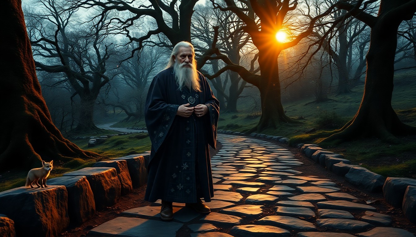 AI generated art for prompt: Create a super-realistic portrait of an ancient wizard in a mystical dusk setting. The sun's long sh