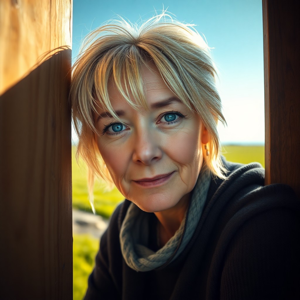 AI generated art for prompt: A superrealistic portrait showcases a middle-aged Inuit woman with compassionate blue eyes and short