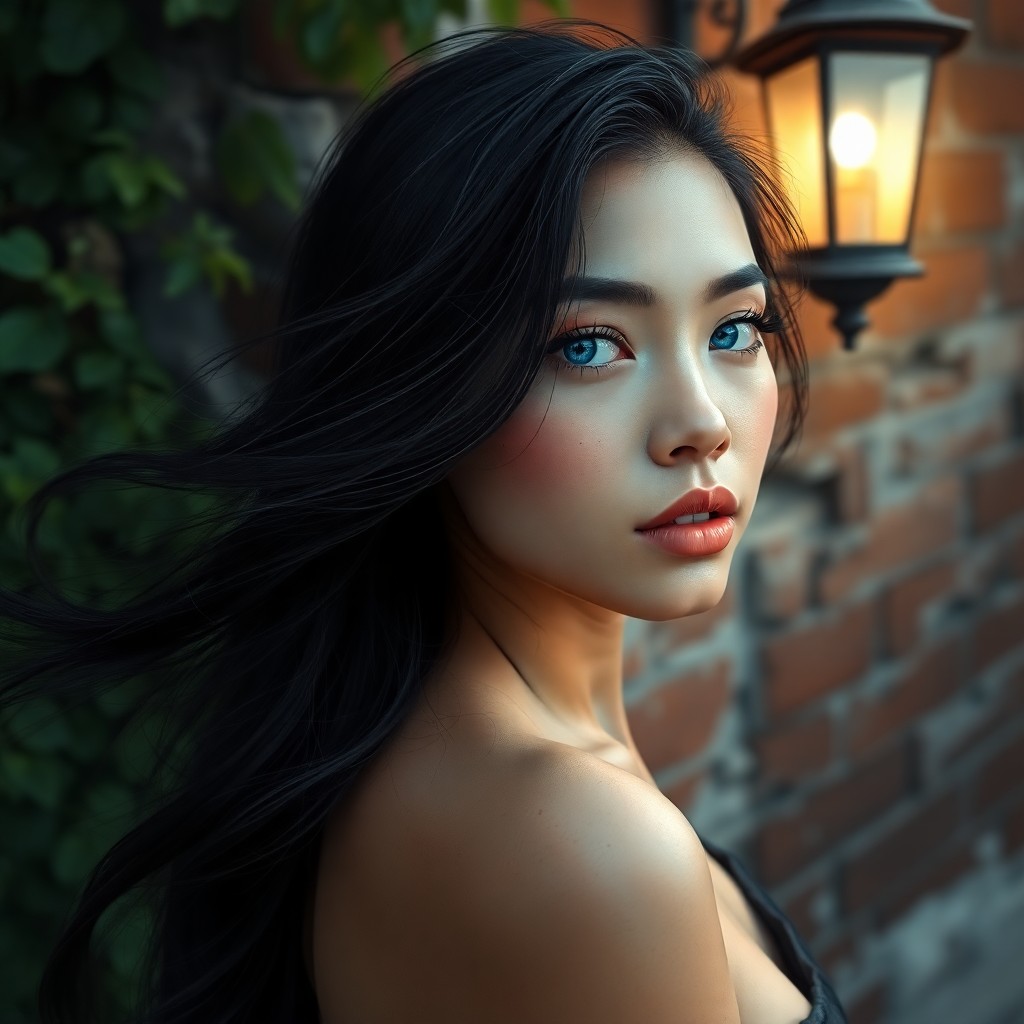 AI generated art for prompt: A super-realistic portrait showcases a Micronesian woman's enigmatic allure with hazy blue eyes and 