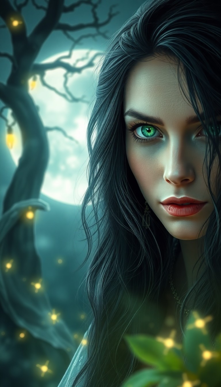 AI generated art for prompt: Craft an ultrarealistic portrait of a captivating sorceress with piercing emerald eyes and cascading