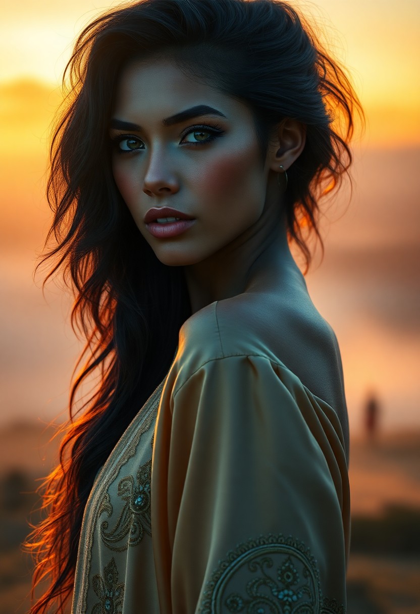 AI generated art for prompt: A breathtaking photorealistic portrait depicts an enigmatic Aboriginal woman with deep emerald eyes,