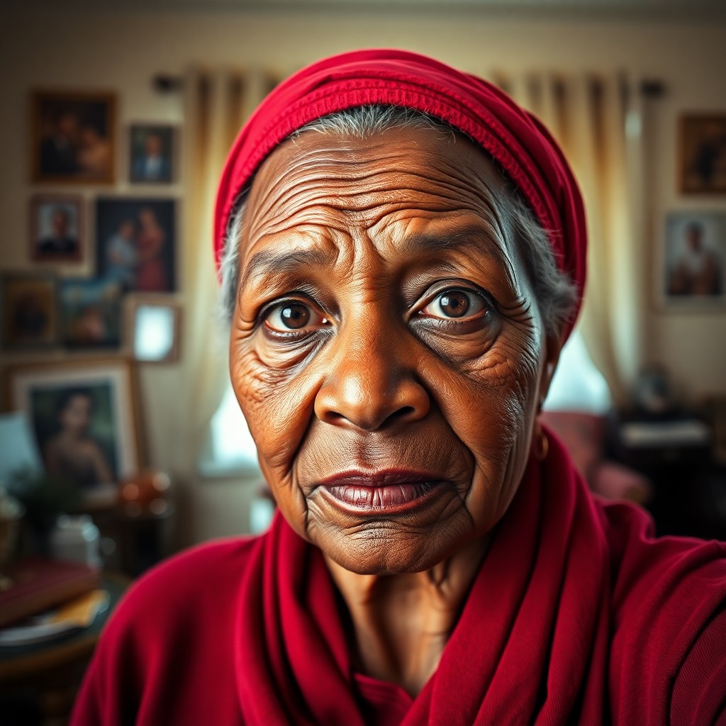 AI generated art for prompt: A photorealistic portrait photograph captures a 65-year-old African-American Slavic woman with deep 