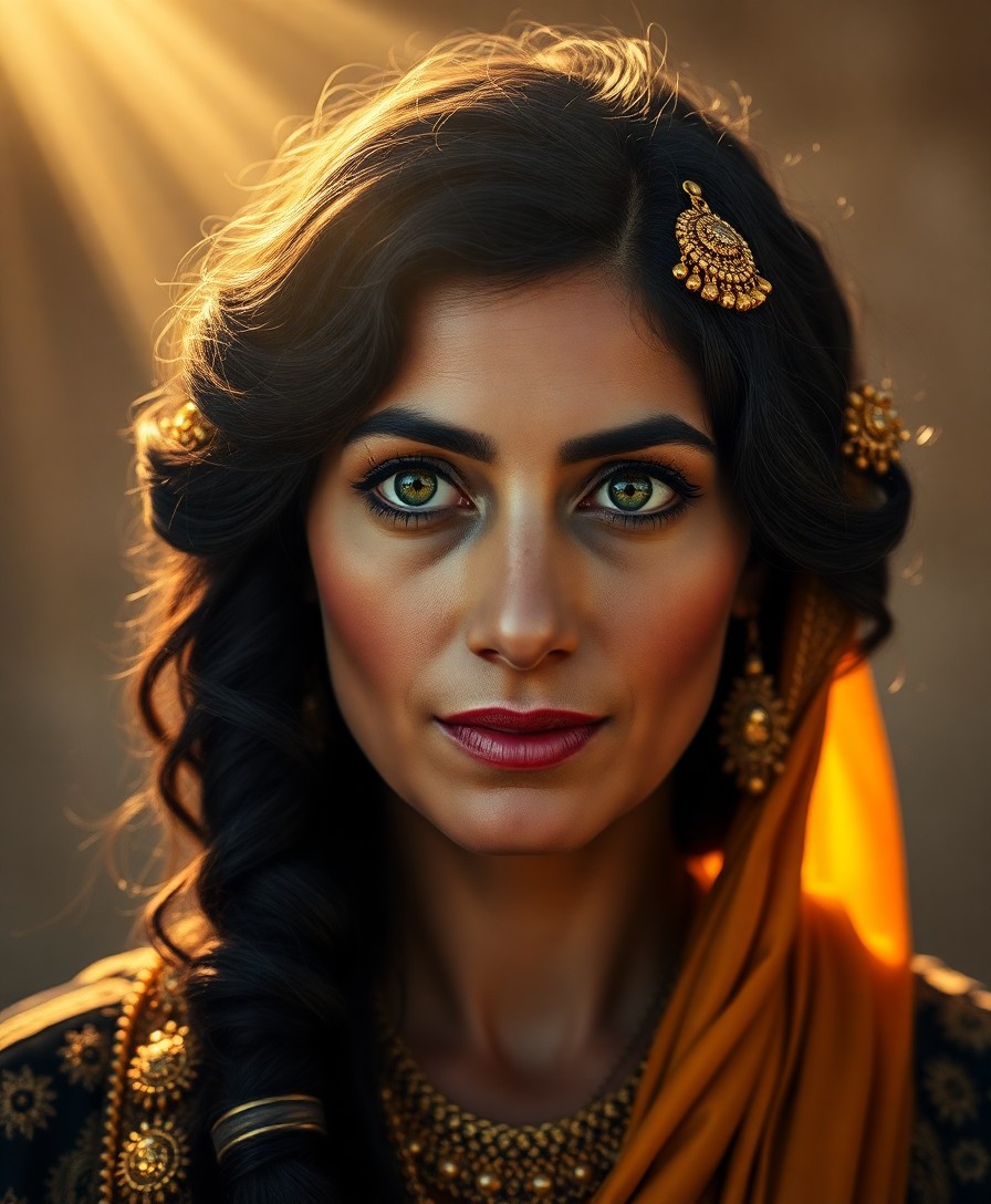 AI generated art for prompt: A photorealistic portrait depicts a 45-year-old Middle Eastern woman exuding an intriguing fusion of