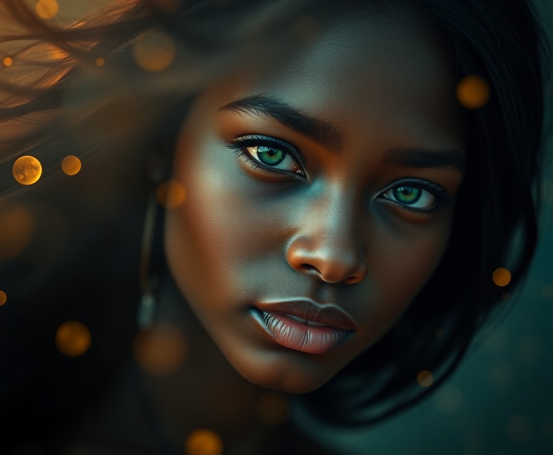 AI generated art for prompt: A captivating portrait showcases a young Sub-Saharan African woman with flowing raven hair and pierc