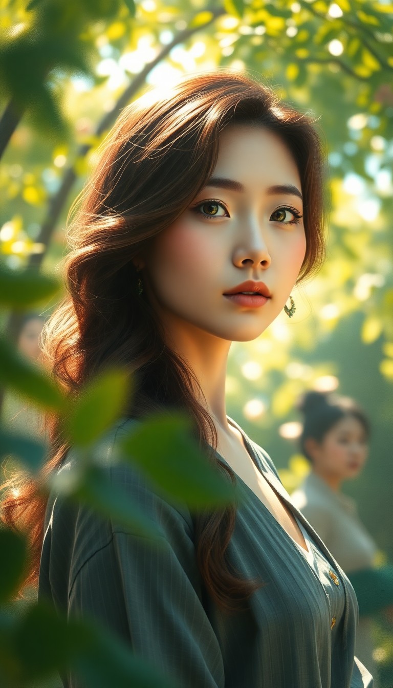 AI generated art for prompt: Render an enchanting portrait of a serene young East Asian woman with unfocused green eyes, captured