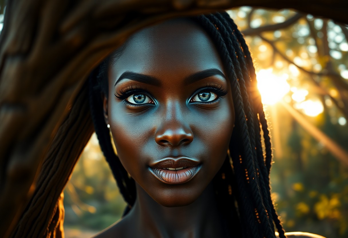 AI generated art for prompt: Create a hyper-realistic portrait of a Sub-Saharan African woman with striking silver-blue eyes, acc