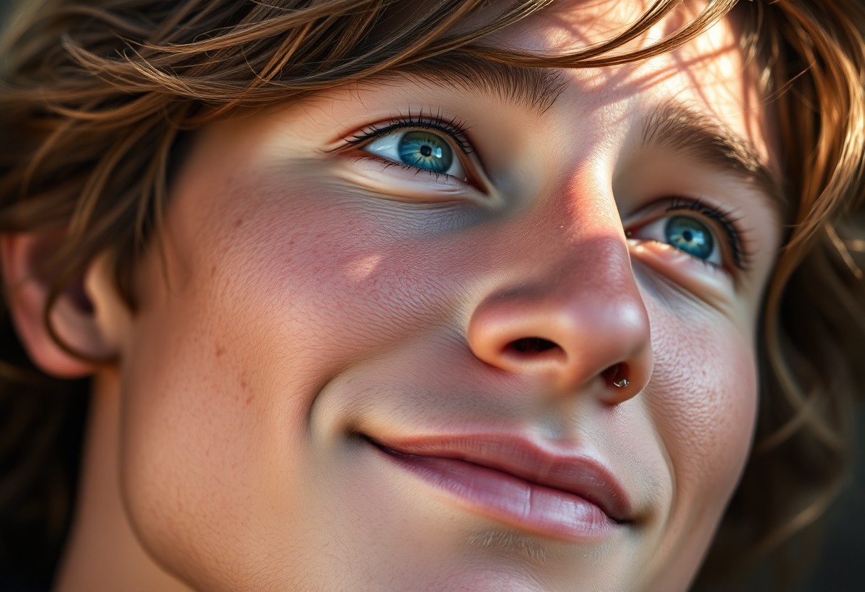 AI generated art for prompt: Imagine an intimate close-up portrait of a young Native American man, his soft blue eyes and silver 