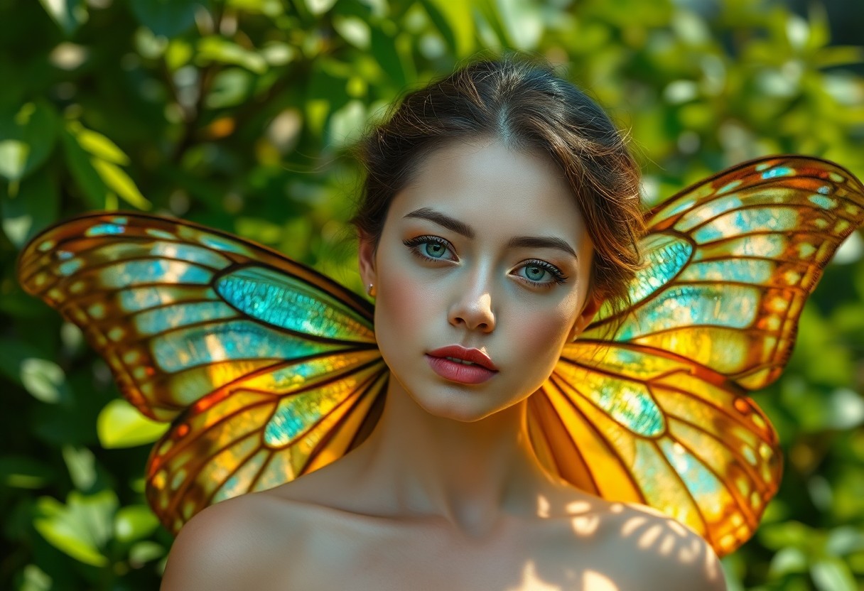 AI generated art for prompt: Imagine a photorealistic portrait of a human with delicate features resembling a butterfly. Their in