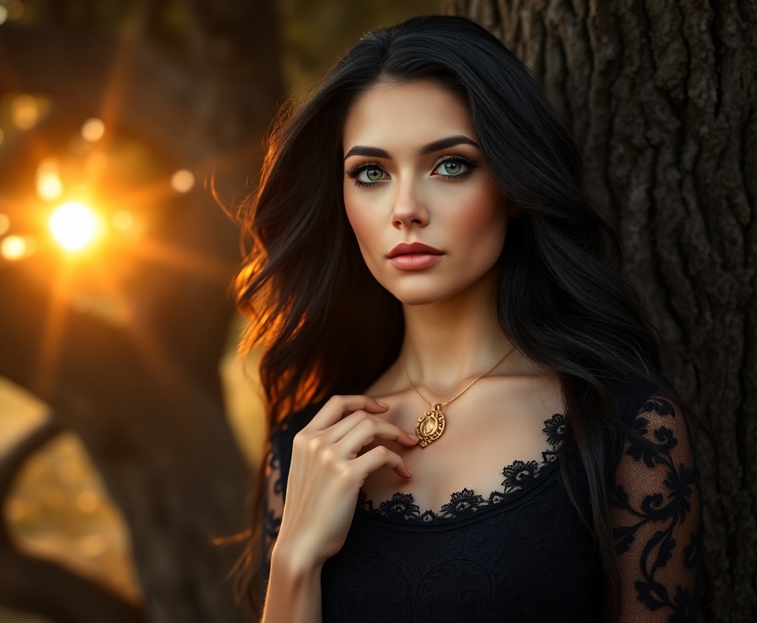 AI generated art for prompt: A captivating portrait of a Latin American woman with flowing raven hair and piercing emerald eyes, 