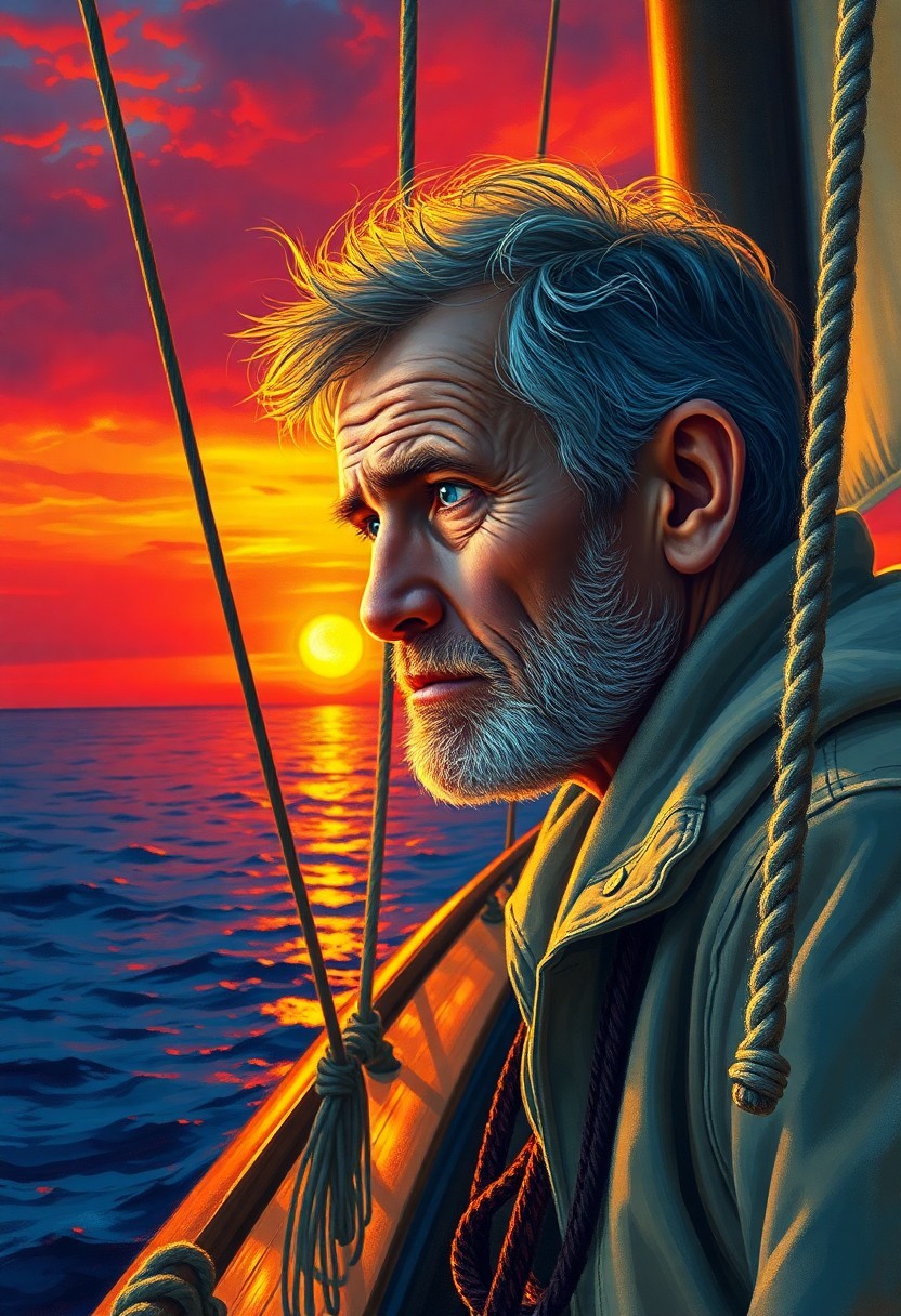 AI generated art for prompt: Craft a hyperrealistic portrait with impressionist undertones of an experienced sailor, his weathere