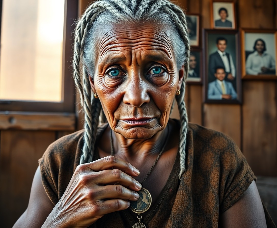 AI generated art for prompt: Super-realistic portrait of an elderly Melanesian woman with piercing turquoise eyes and intricately