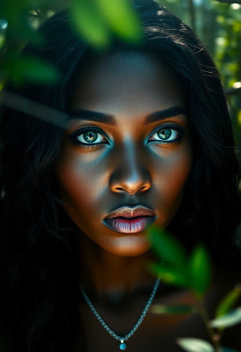 AI generated art for prompt: A captivating portrait of a stunning African woman with flawless alabaster skin and cascading raven 