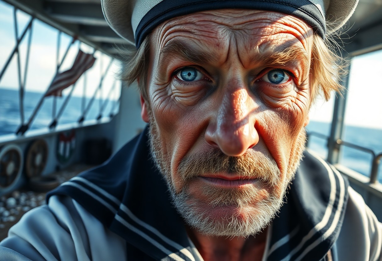 AI generated art for prompt: A photorealistic portrait photograph depicts a middle-aged sailor with weathered features and intens