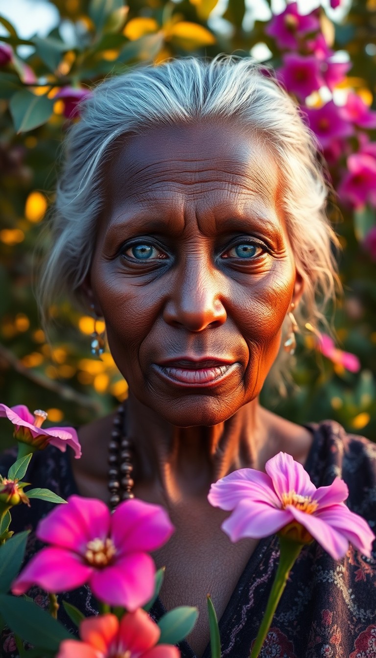 AI generated art for prompt: Craft a photorealistic portrait photograph capturing a wise middle-aged Sub-Saharan African woman wi