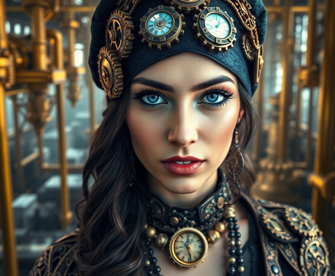 AI generated art for prompt: Envision a Middle Eastern woman with mesmerizing sapphire eyes in an ornate steampunk-inspired ensem