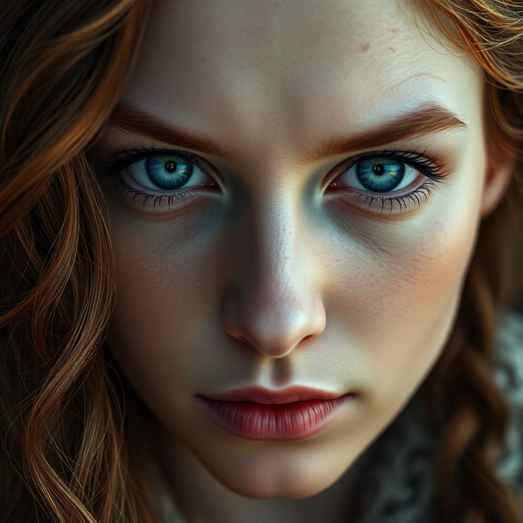 AI generated art for prompt: Craft a hyperrealistic portrait showcasing an enigmatic Celtic woman with piercing blue eyes and wav