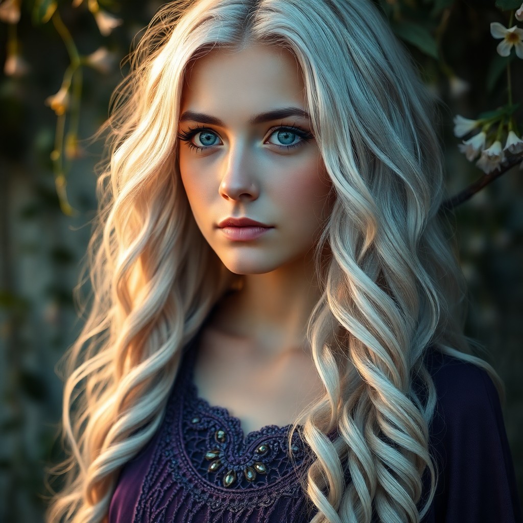 AI generated art for prompt: Envision a hyperrealistic portrait of a youthful Celtic woman adorned with long, wavy silver hair ca