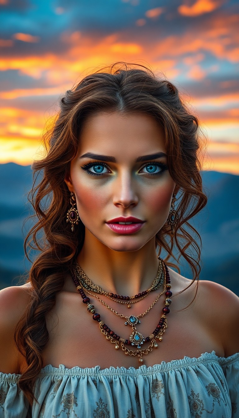 AI generated art for prompt: Capture an aerial portrait of a captivating woman with piercing blue eyes and wavy chestnut hair, ad