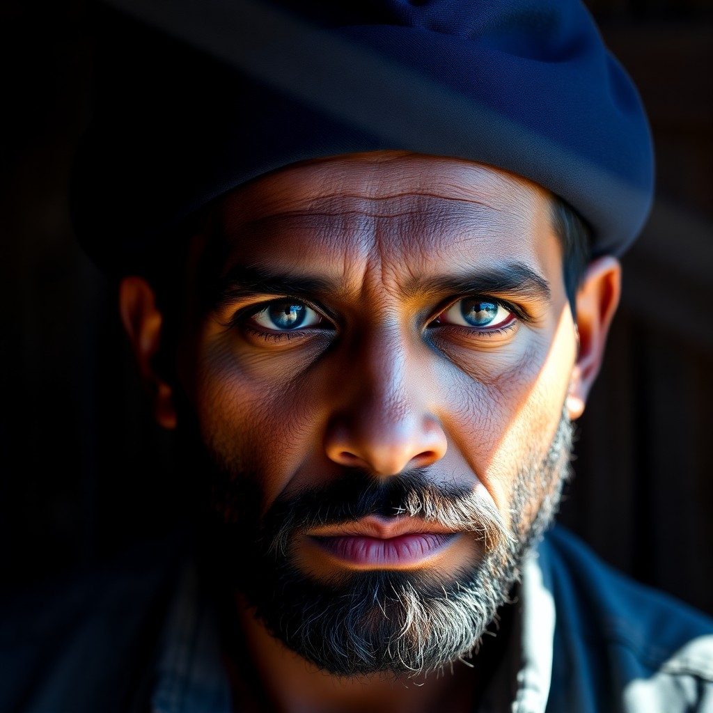 AI generated art for prompt: Craft a Renaissance-inspired chiaroscuro portrait of a South Asian man with serene blue eyes and sun