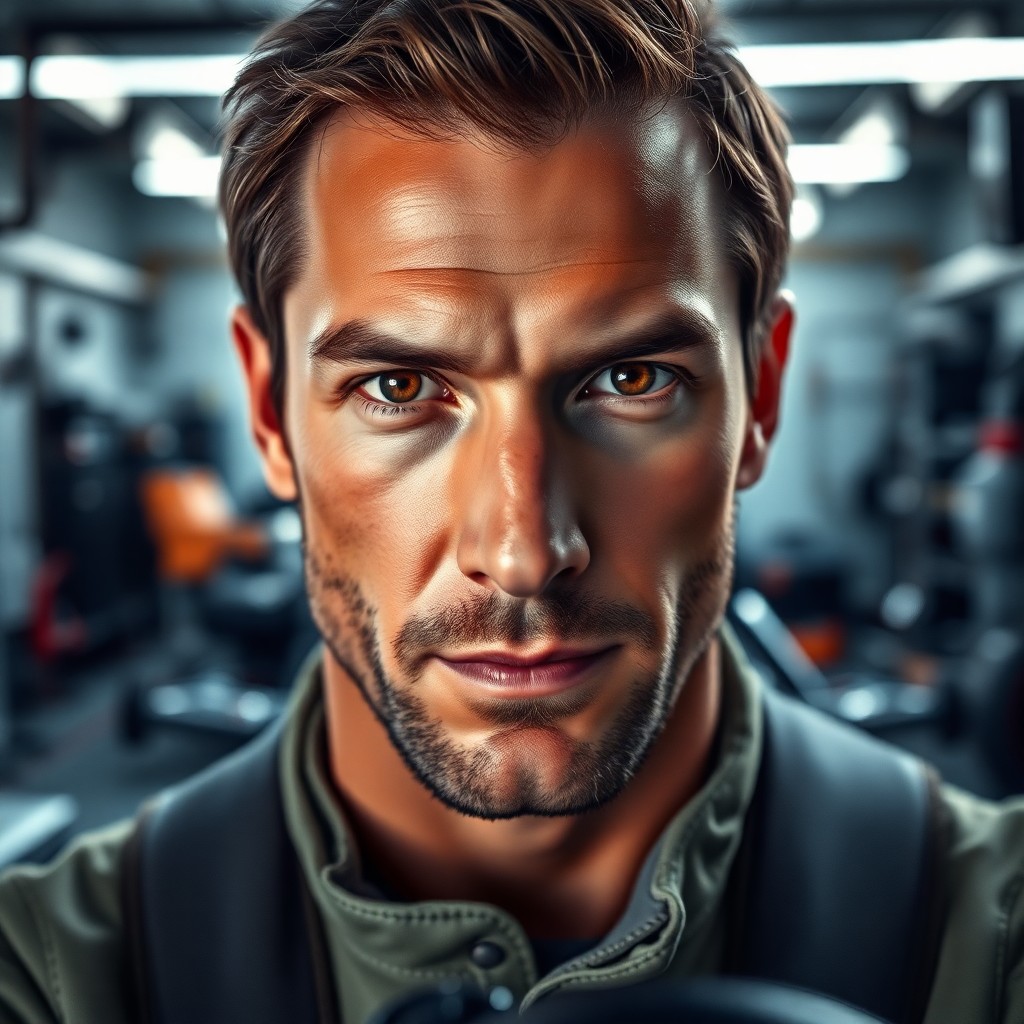 AI generated art for prompt: Envision a hyper-realistic portrait of a professional race car driver, their piercing gaze fixed on 