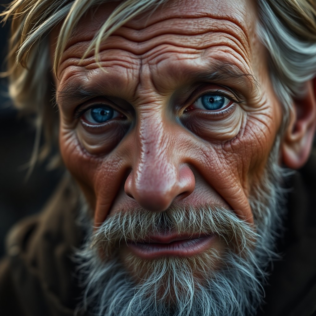 AI generated art for prompt: Envision a hyperrealistic portrait of an aged veteran with weathered skin and serene blue eyes, his 