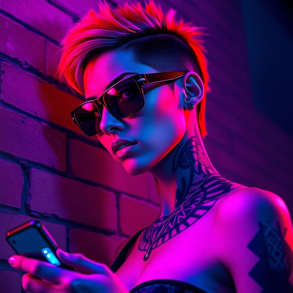 AI generated art for prompt: A photorealistic portrait of a cyberpunk hacker with mixed ancestry, illuminated by vibrant neon lig